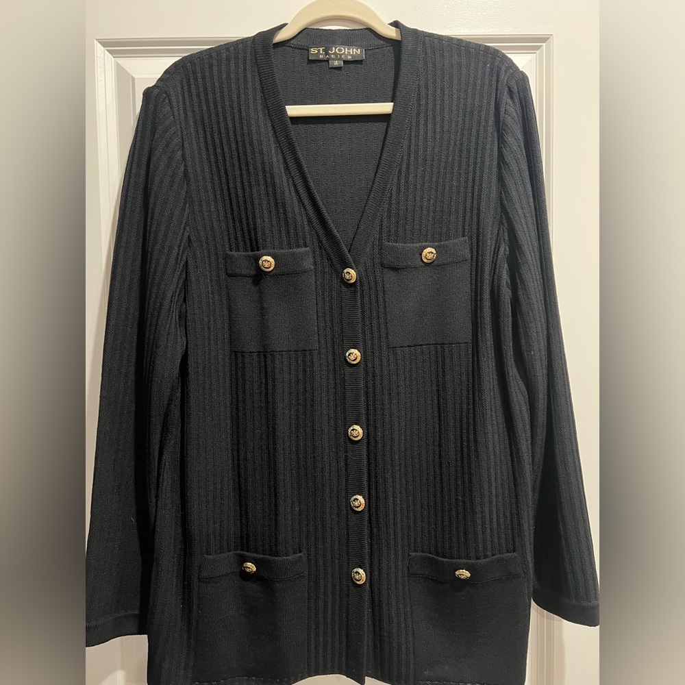 St. John Black Cardigan with Gold Button